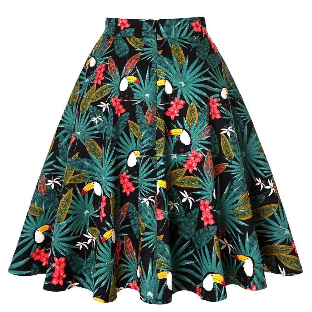 

Parrot Animal Printed High Waist Women Skirt Pleated Retro Tutu Harajuku Leaf Big Swing Casual Skirts Summer saias Clothes