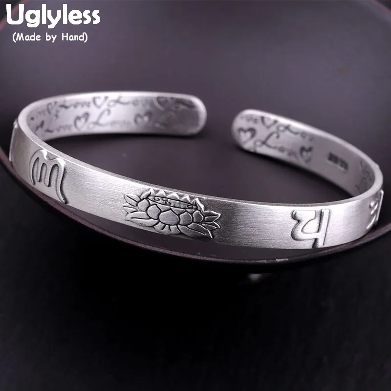 

Uglyless Real 999 Fine Silver Lotus Bangles for Women Double-side Carved LOVE Open Bangle Buddhistic Six-word Mantra Gifts BA672