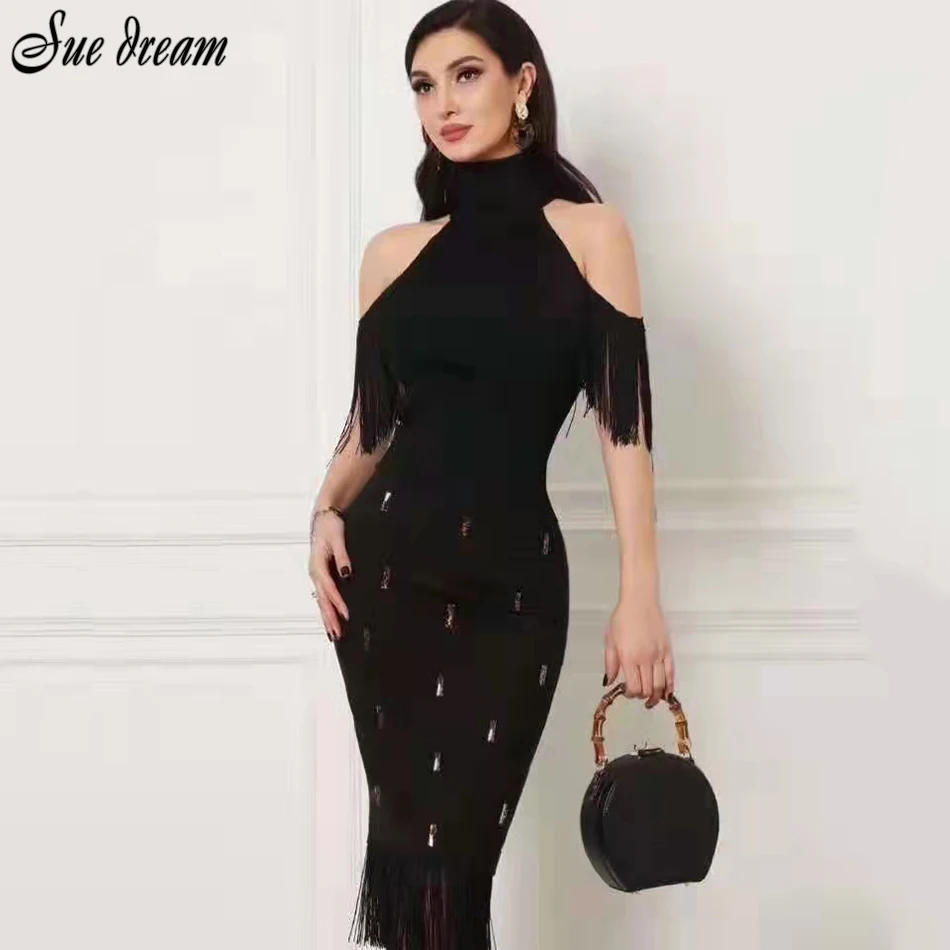 

2021 Fall New Women's Sexy Sleeveless Ruffled Bandage Midi Dress Fashion Temperament Off-the-shoulder Fringed Bodycon Dress