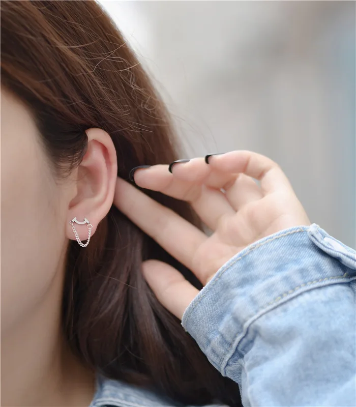 New 925 Sterling Silver Earring Fashion Smile Double Layer Chain Stud Wild Simple Temperament Trend Female Girl Ear Jewe | Украшения и