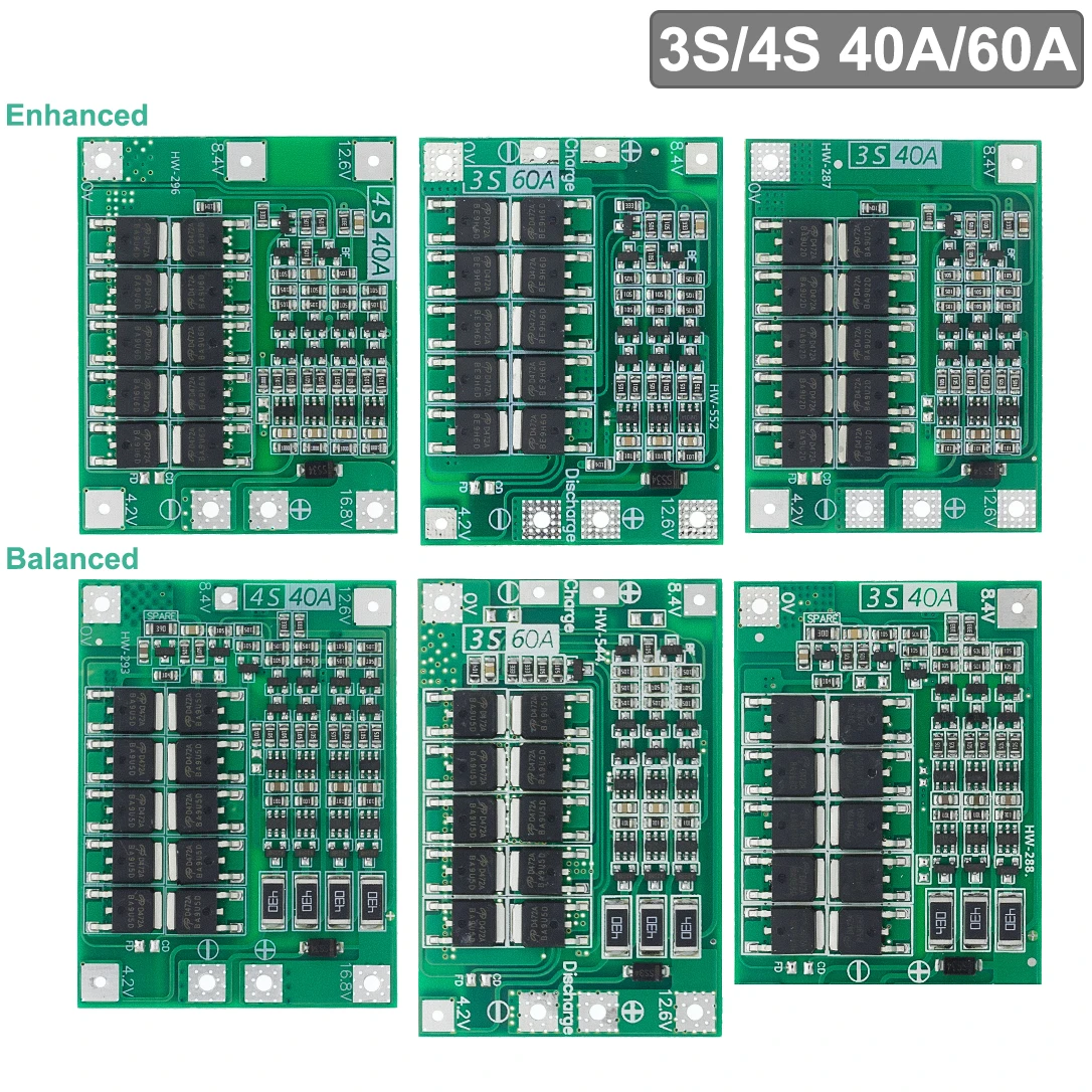 

3S/4S 40A/60A Li-ion Lithium Battery Charger Protection Board 18650 BMS For Drill Motor Enhance/Balanced 11.1V/12.6V/14.8V/16.8V