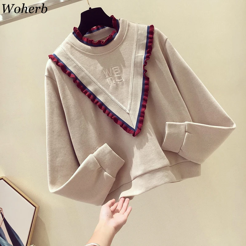 Woherb винтажная модная толстовка с круглым вырезом и длинным рукавом, повседневные свободные толстовки в стиле пэчворк, осенне-зимняя женская одежда, Корейская Новинка 91182