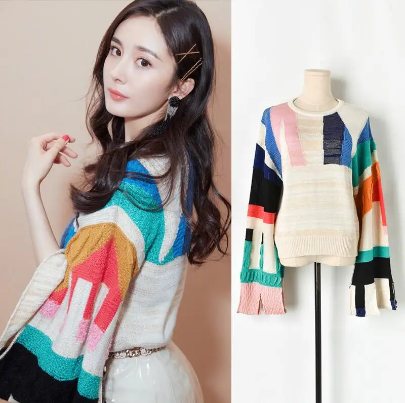 

Свитер женский осенне-зимний с геометрическим узором и разрезом на манжетах