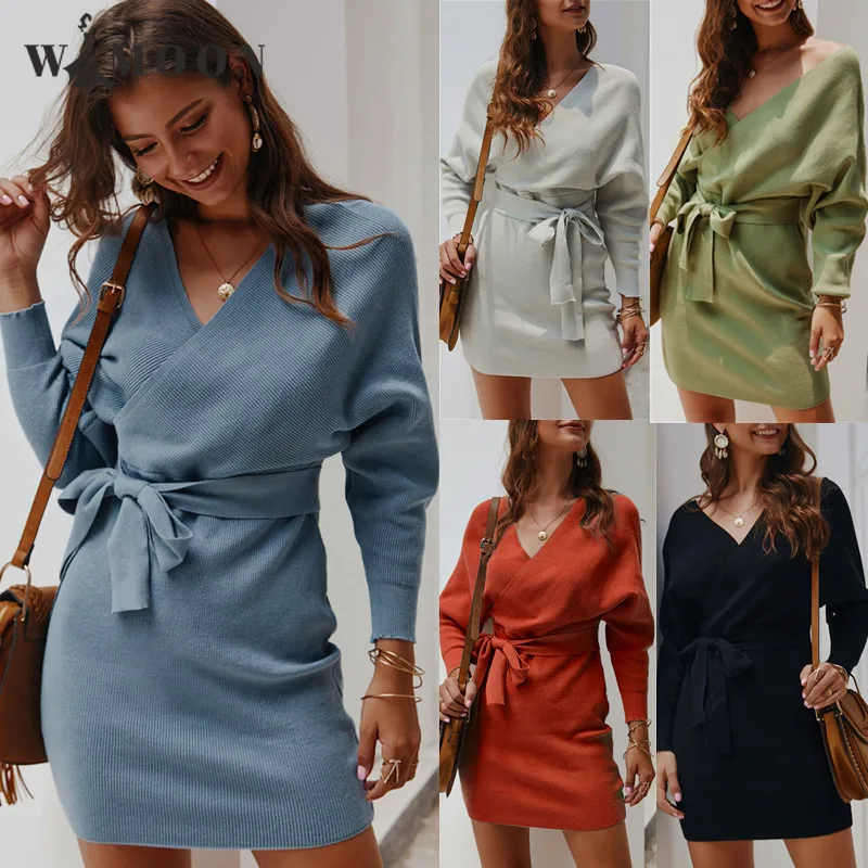 

Winter Knitwear Warm Sweater Dress Sexy Casual Mini Belt V-Neck Party Evening Fashion Commute Elegant Pencil Dress for Women