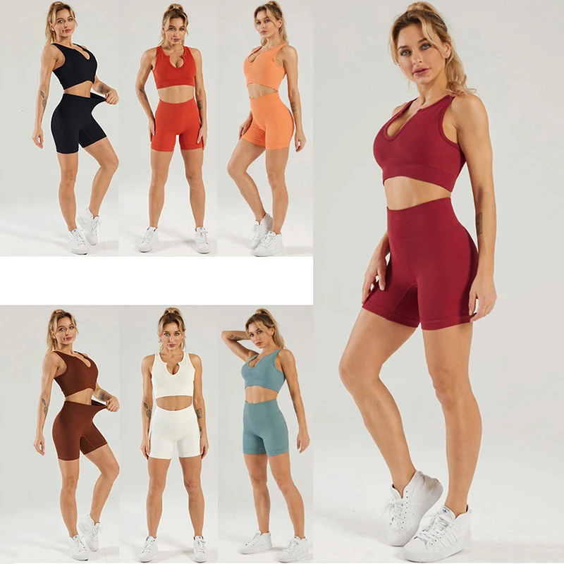 

2 piece Seamless Sport Set Sleeveless Sport Suits Top Bra Shorts Leggings Workout Outfit Active Fitness Yoga Gym Wear Women