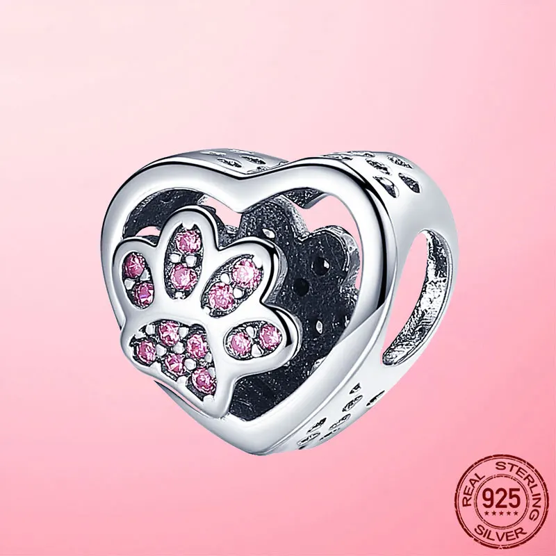 

100% 925 Sterling SILVER charms Paw Footprints Beads Cat Love Heart Charms fit Original Pan Bracelet silver 925 jewelry