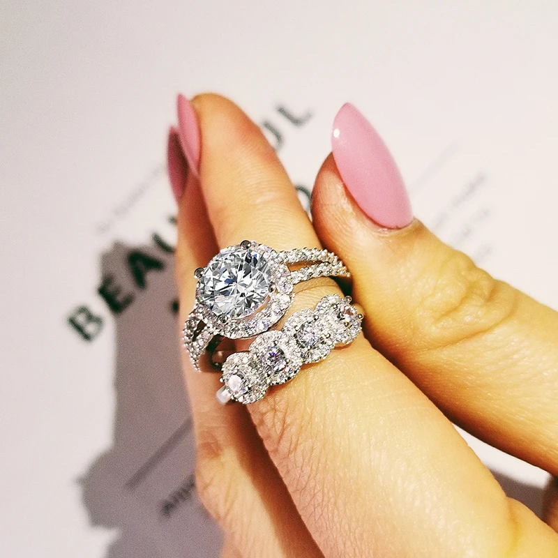 2020 Новое поступление роскошный круглый 925 серебро набор обручальных колец для