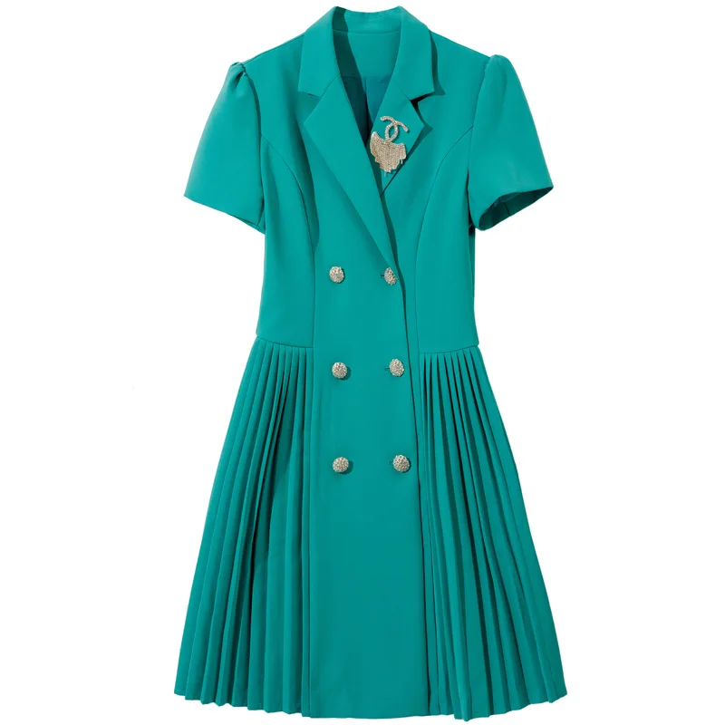 

L6075 2021 spring new fashion Lapel splicing pleated professional ol style women's Short Sleeve Dress