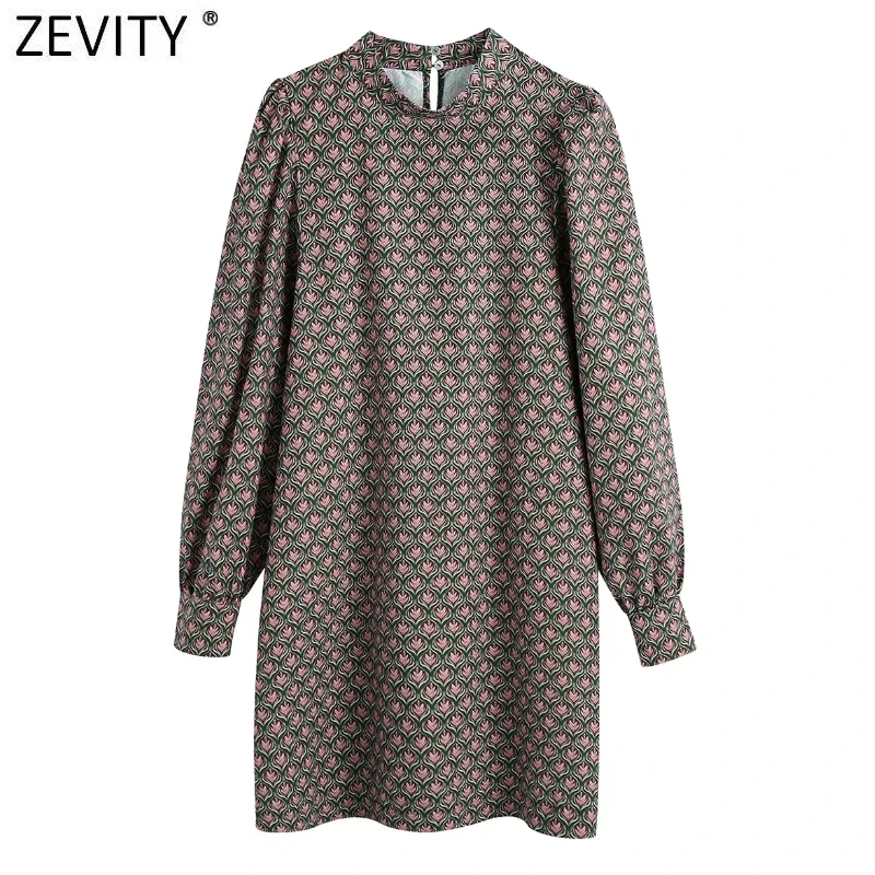 

ZEVITY, новинка, женское винтажное платье-мини трапециевидной формы с воротником-стойкой, пышными рукавами и цветочным принтом, женское шикарн...