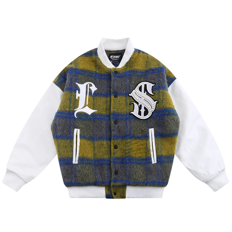 

Mens Harajuku Thick Baseball Coats Winter Unisex PU Leather Patchwork Bomber Jacket Oversize Pearl Towel Embroidery Streetwear
