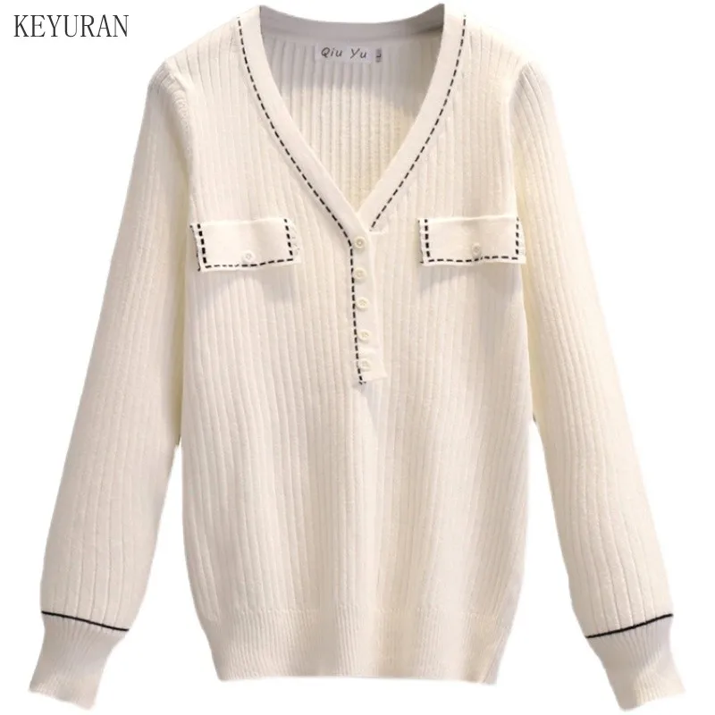 

Plus Size Women's Sweater V Neck Slim Elegant Minimalist Pullover Jumper Fall Winter Knitted Bottoming Shirt Outside Wear Tops