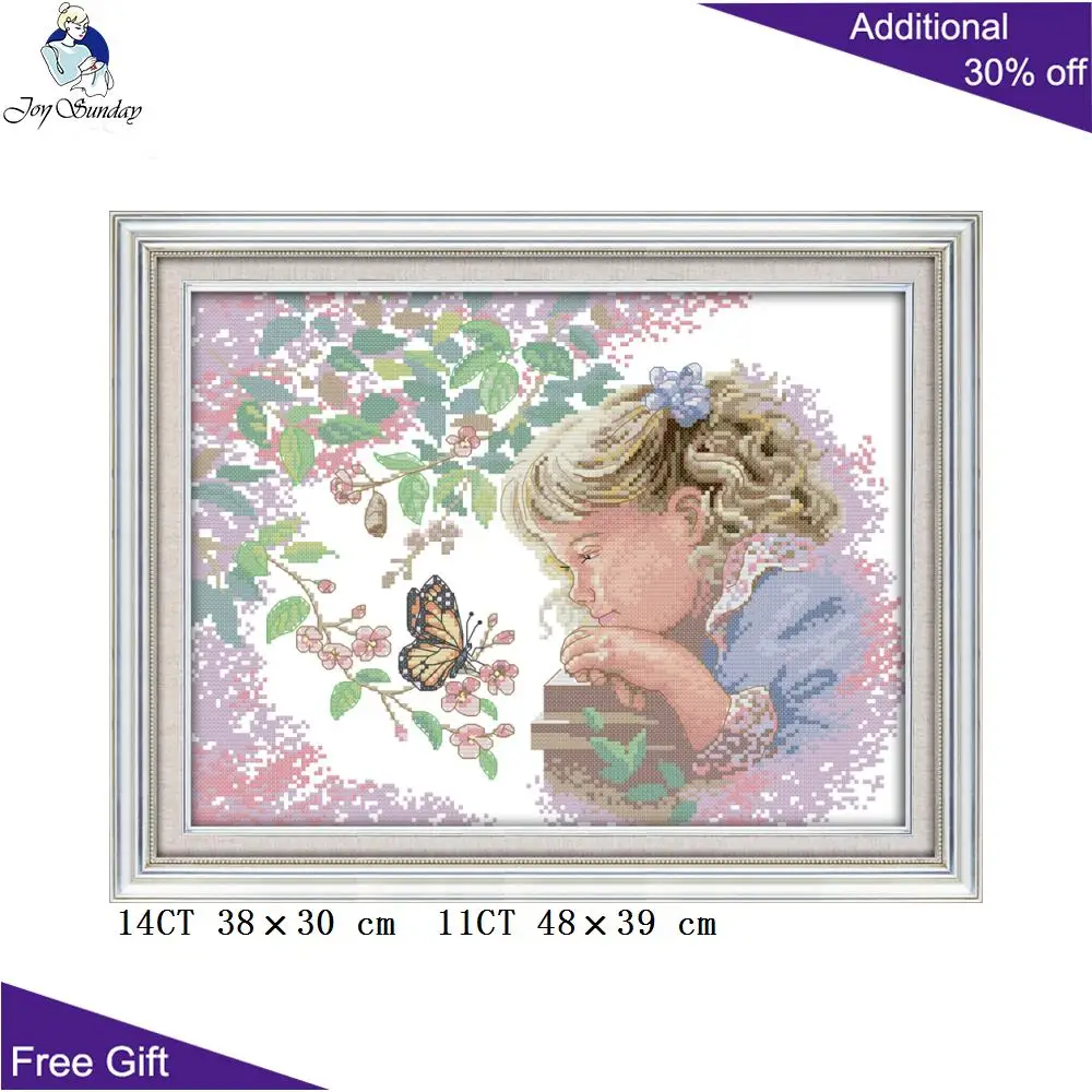 

Joy Sunday Lovely Girl RA037 14CT11CT подсчитанный и отпечатанный домашний декор маленькая девочка с бабочкой Набор для вышивки крестиком