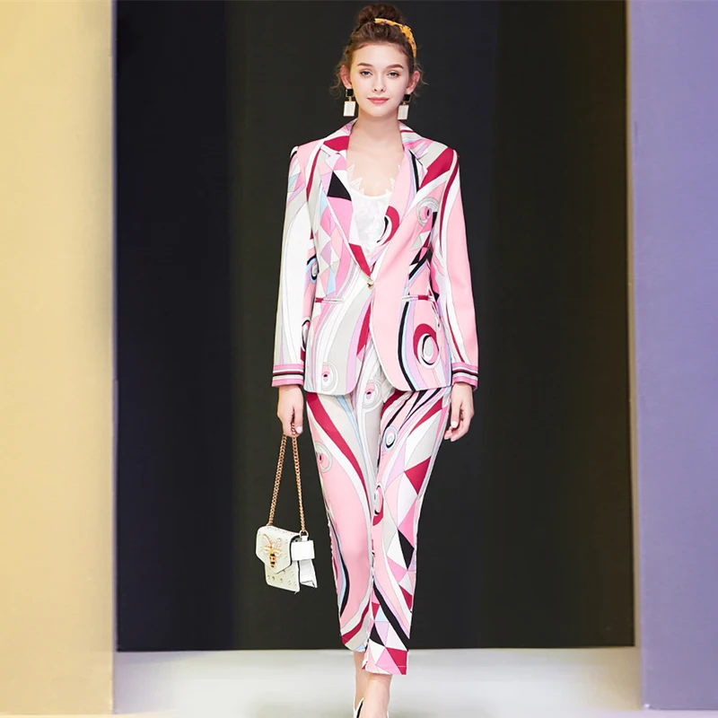 Elegant Celebrity Party Two Piece Outfits Women Spring Runway Fashion Geometirc Print Blazer and Pants Suit Office Matching Set