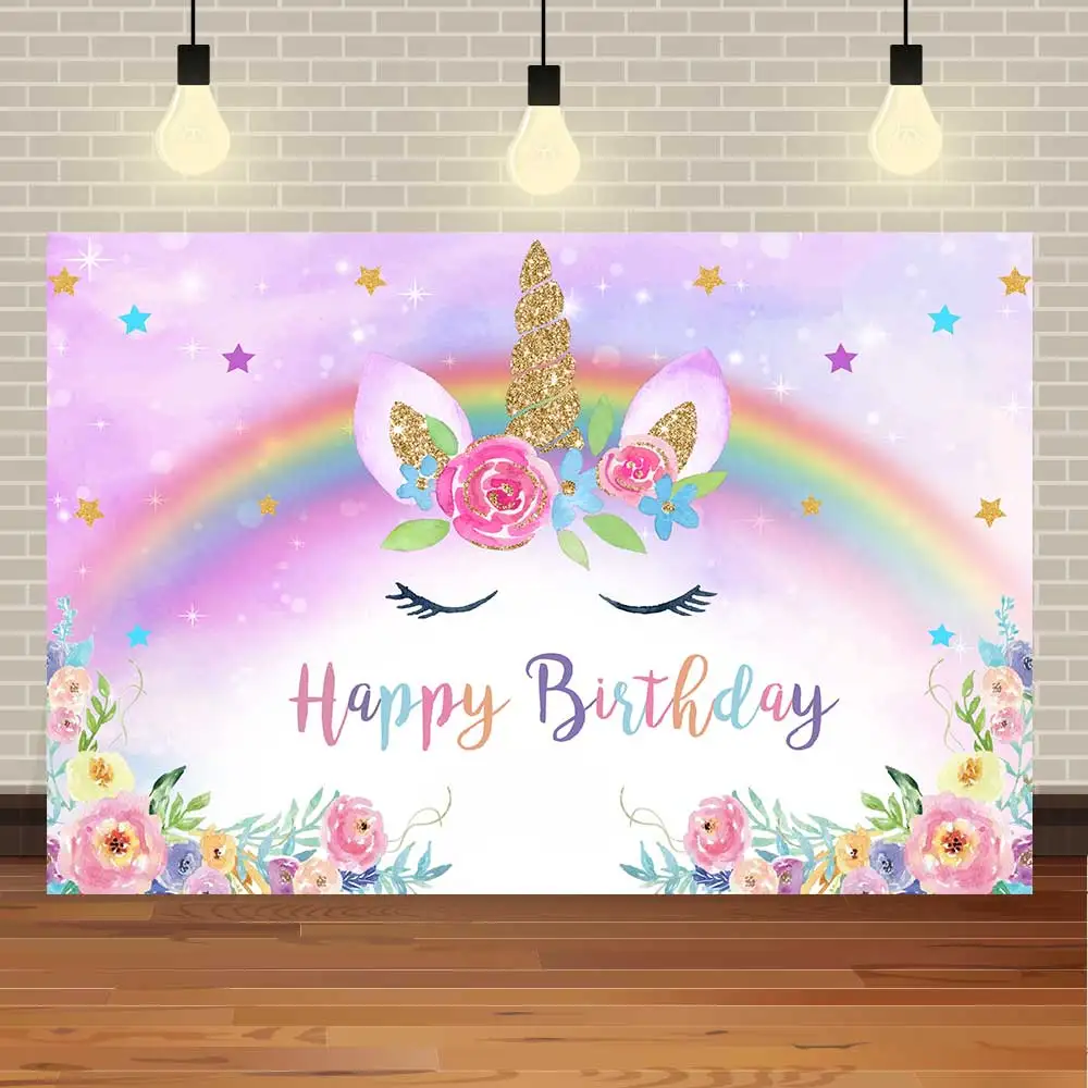 

NeoBack Happy Birthday Baby Shower Rainbow Unicorn Fantasy Watercolor Flower Party Banner Photo Backdrop Photography Background