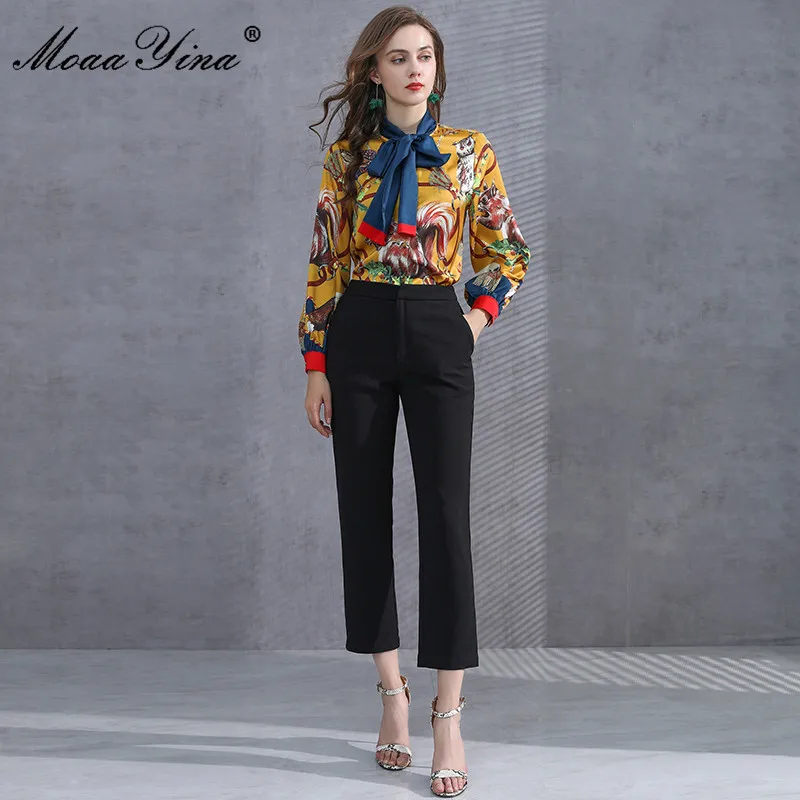 

MoaaYina Fashion Designer Runway Blouse Summer Women Bow Collar Small animals Floral Print Streetwear Elegant Shirt Tops