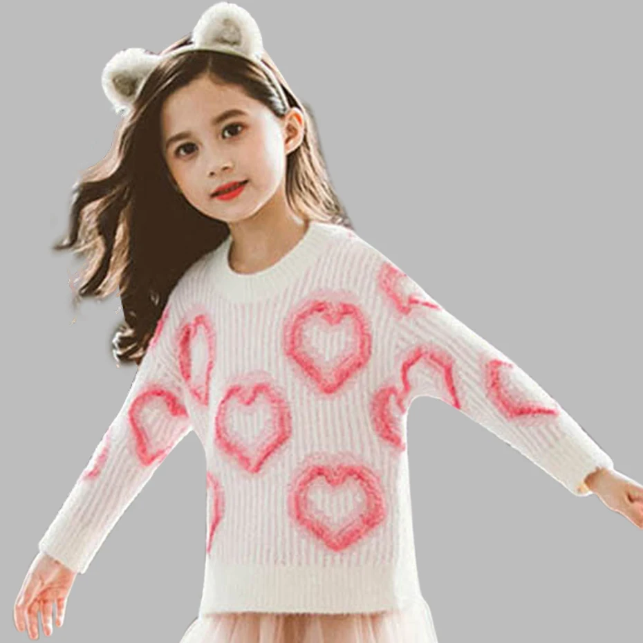 Свитер для девочек Детские свитера с принтом сердца пуловер вязаный свитер