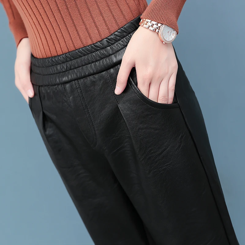Осенние женские кожаные брюки зимние свободные шаровары с высокой талией из