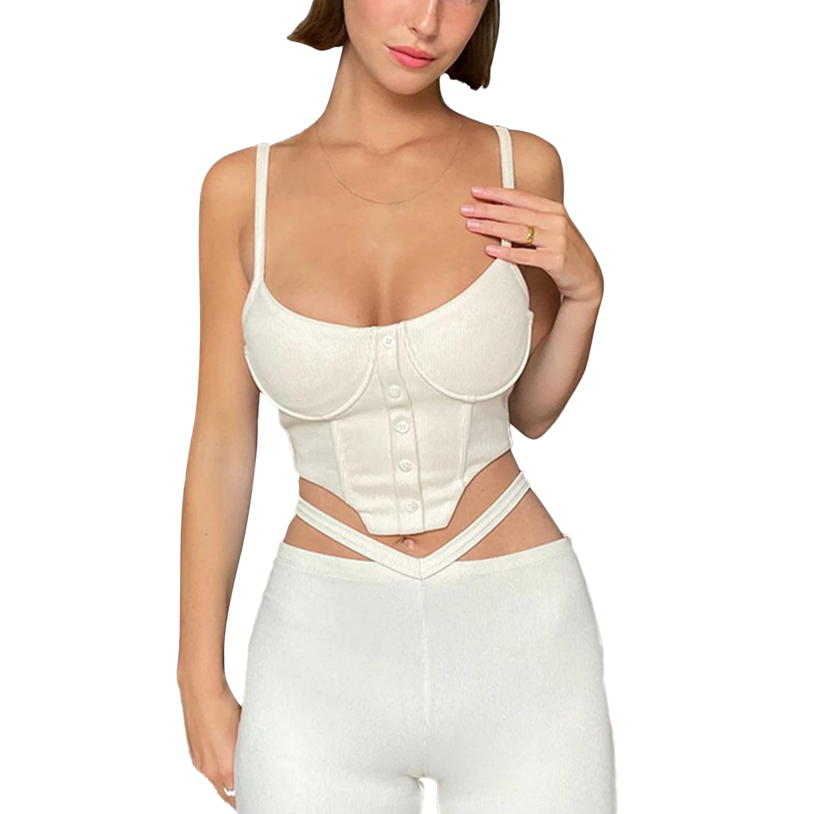 

2 Pieces Female Suit Set Solid Color U-Neck Sleeveless Crop Tops+ Long Pants For Ladies Brown/White S/M/L