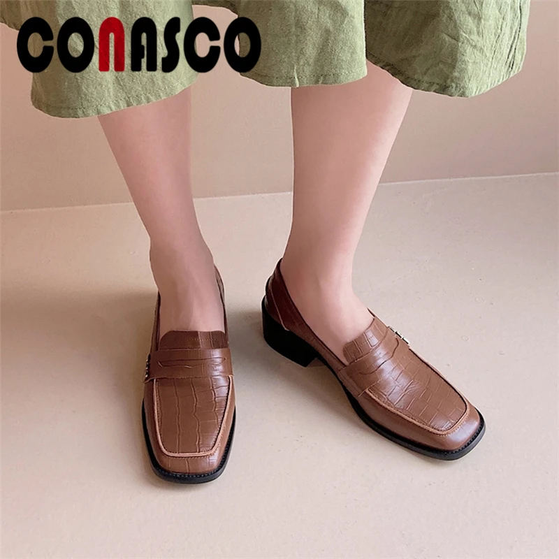 

CONASCO 2021 Spring New Fashion Concise Genuine Leather Women Pumps Classic Square Toe Casual Shoes Woman Metal Decoration Pumps
