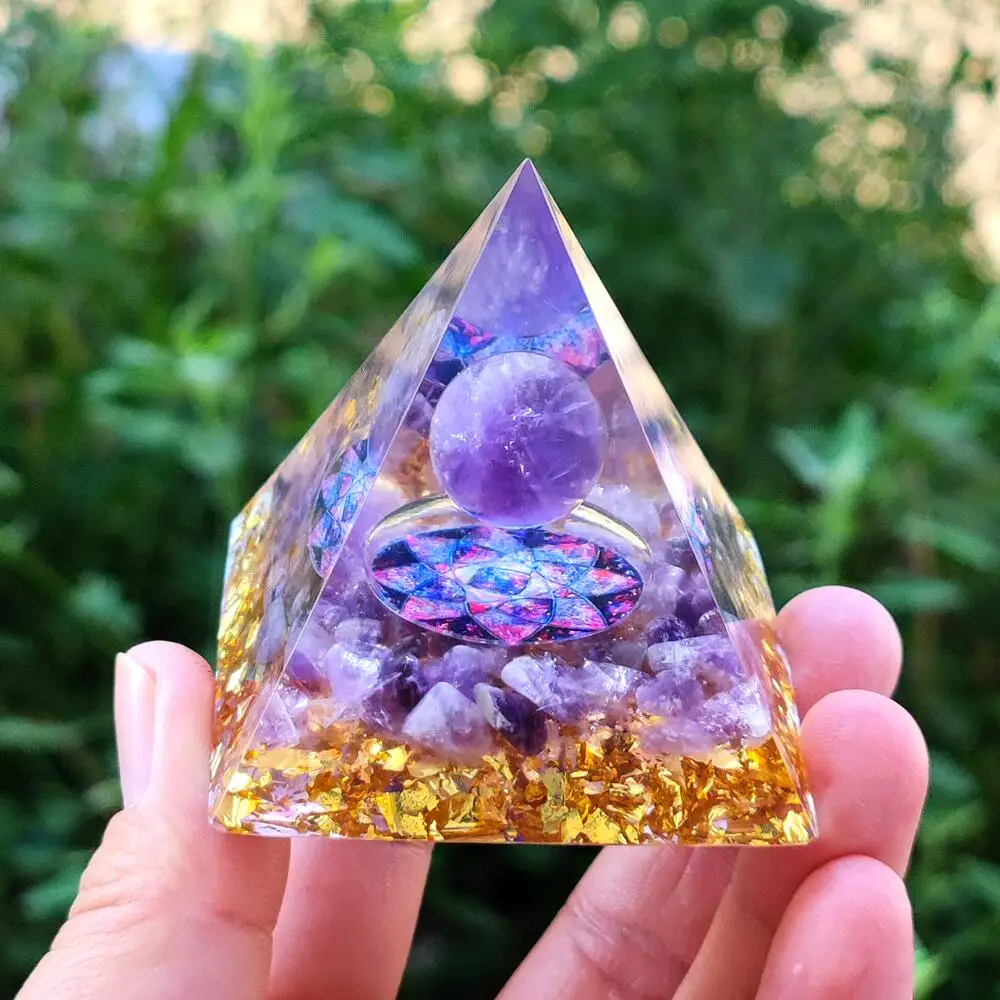 Handmade Orgonite Pyramid 60mm Sahasrara Chakra Purple Crystal Natural Stone Orgone Energy Healing Orgone Pyramid