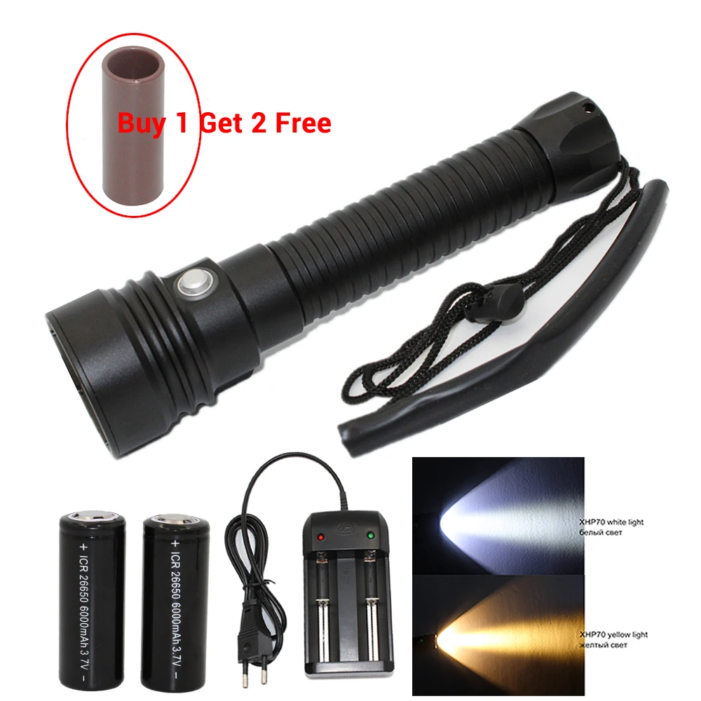 Светодиодный фонарик для дайвинга XHP70 желтый и белый свет водонепроницаемый