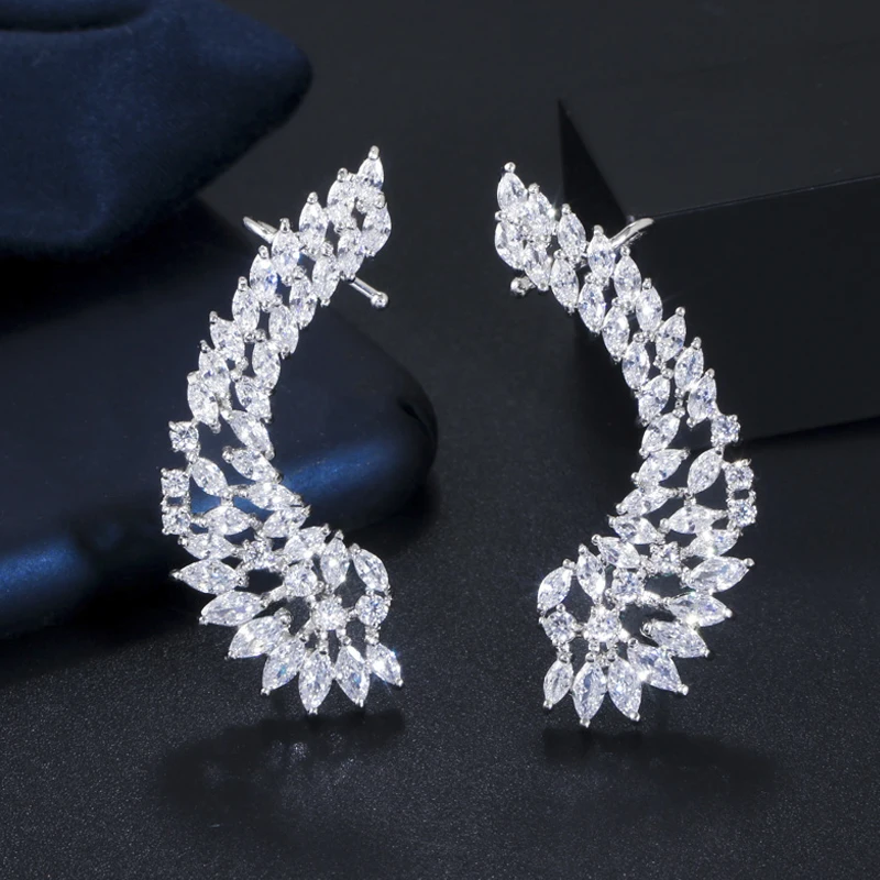 

ThreeGraces Sparkling Cubic Zirconia Big Leaf Feather Ear Cuff Stud Earrings for Women New Fashion Wedding Party Jewelry ER200