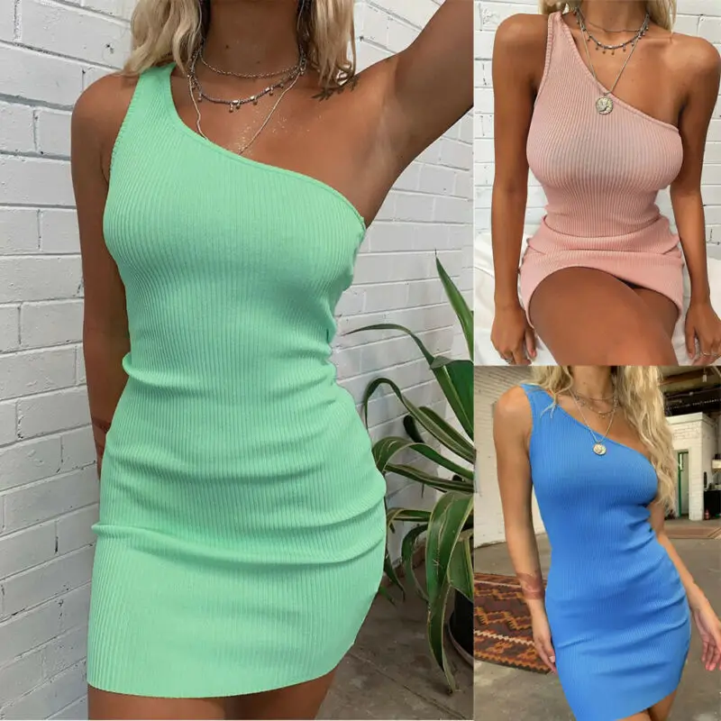 Женское облегающее мини платье на одно плечо вечерние повседневные однотонные