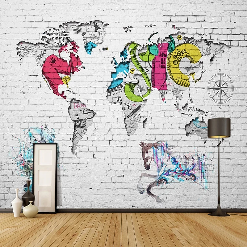 

Custom 3D Wall Murals Modern World Map Graffiti Brick Wallpaper Living Room Kids Bedroom Background Sticker Waterproof Tapety