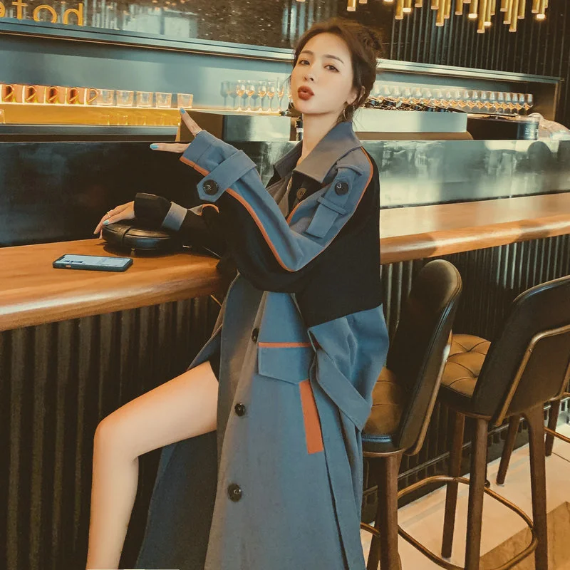 

CMAZ This Issue Angry Push 2021 Autumn Retro Patchwork Contrast Color Trench Coat Style Is Good