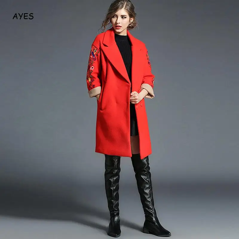 

Red Wool Blend Coat Women 2019 Autumn Winter Long Slim Coat Fashion Basic Overcoat Women Chinese Floral Embroidery Woolen Jacket