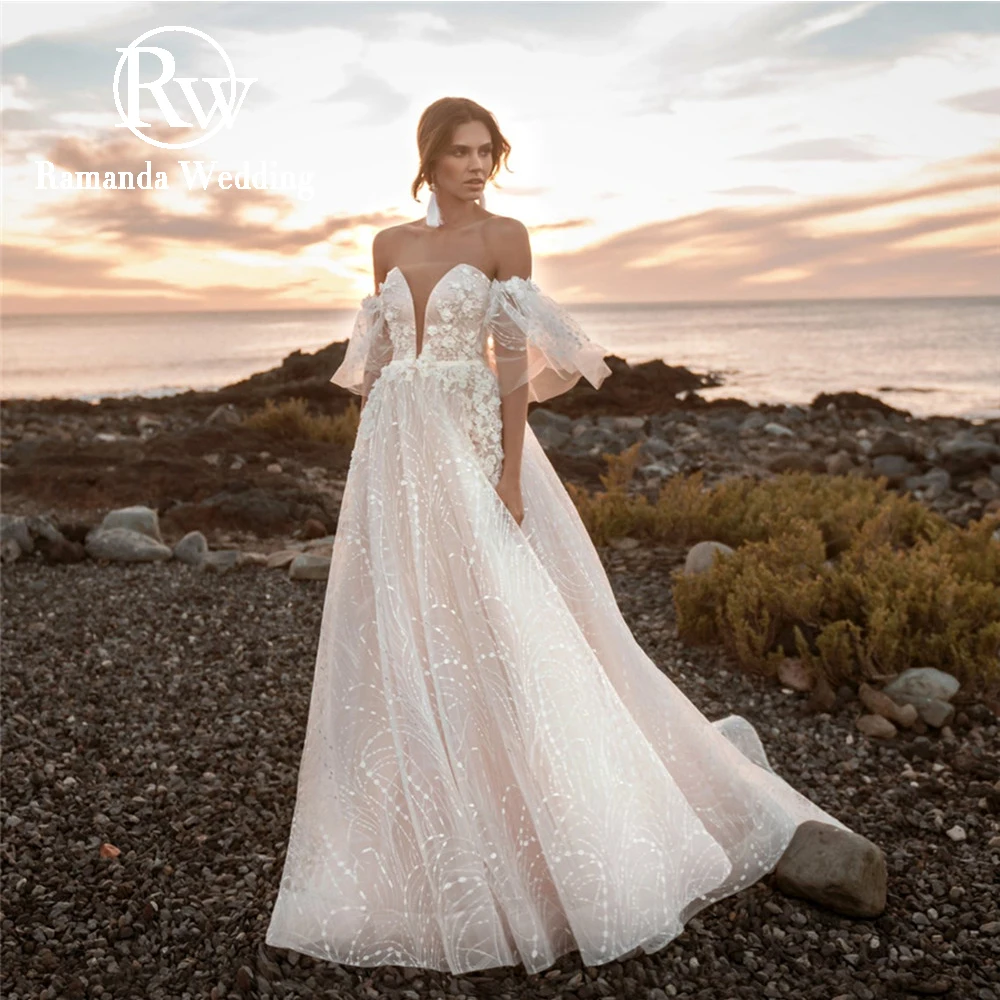 

Ramanda Simple Tulle Wedding Dress Detachable Puffy Sleeves Sequin Sweetheart Neck Off The Shoulder Zipper Backless Bridal Gown