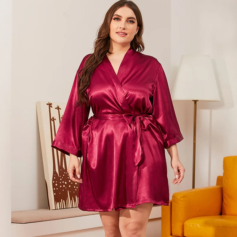 

Plus Size Solid Satin Belted Robe Wholesale Women Silk Sleepwear Wedding Red Nighty Gown