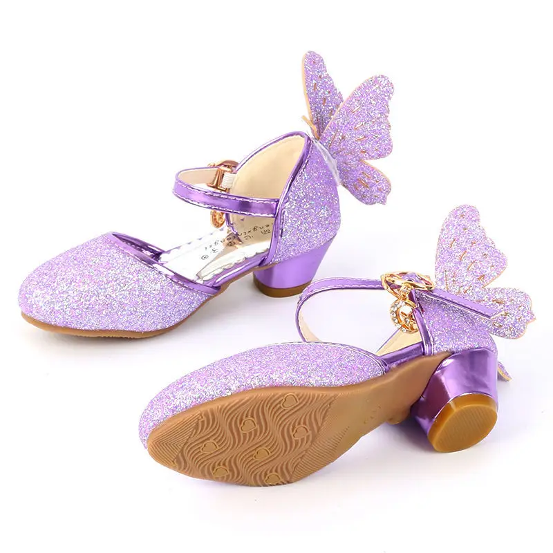 Summer Girls Shoes High Heels Sequin Leather Butterfly Children Princess Wedding Party Dance for Kids Sandals | Детская одежда и