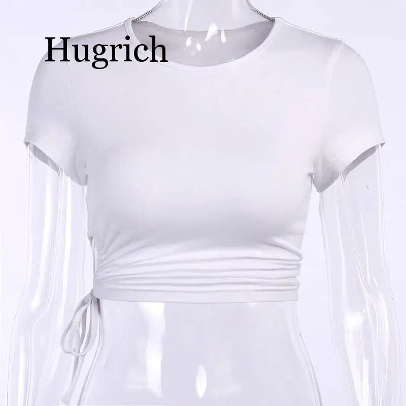 

O Neck Short Sleeve Crop Top White Women Casual Basic Bandage T Shirts Sexy Ladies Summer 2020 Party Lace Up Tops