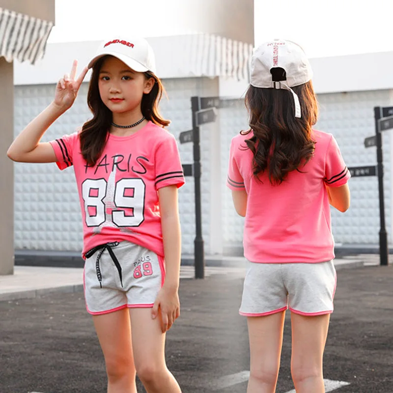 Костюм для девочек детская одежда с буквенным принтом хлопковая футболка и шорты