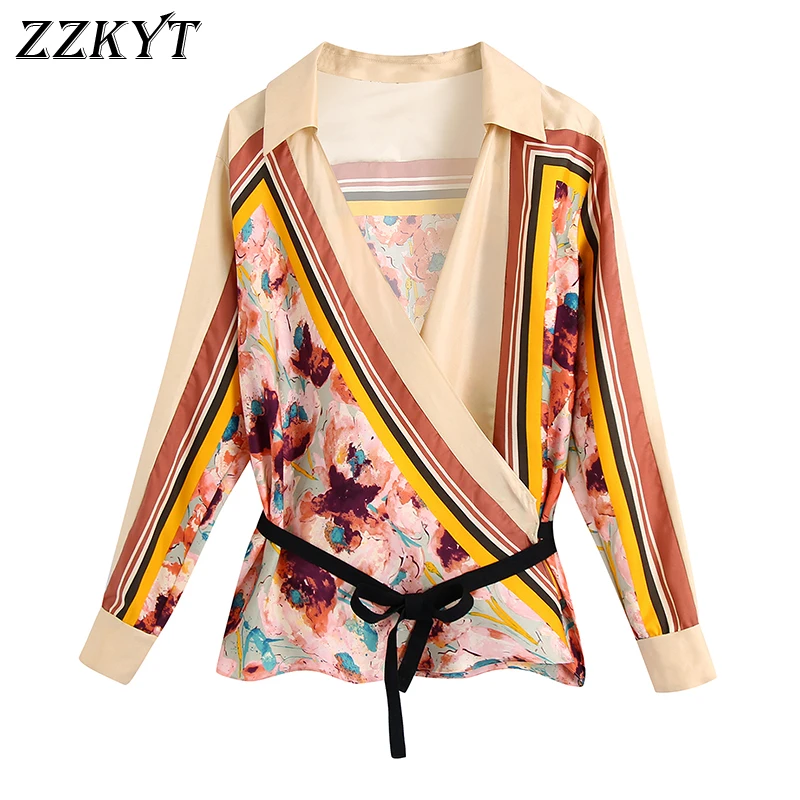 

ZZKYT 2021 Women Autumn Vintage Print Silk Blouses Fashion Lapel Collar Long Sleeve Bow Tied Straps Female Shirts Casual Tops