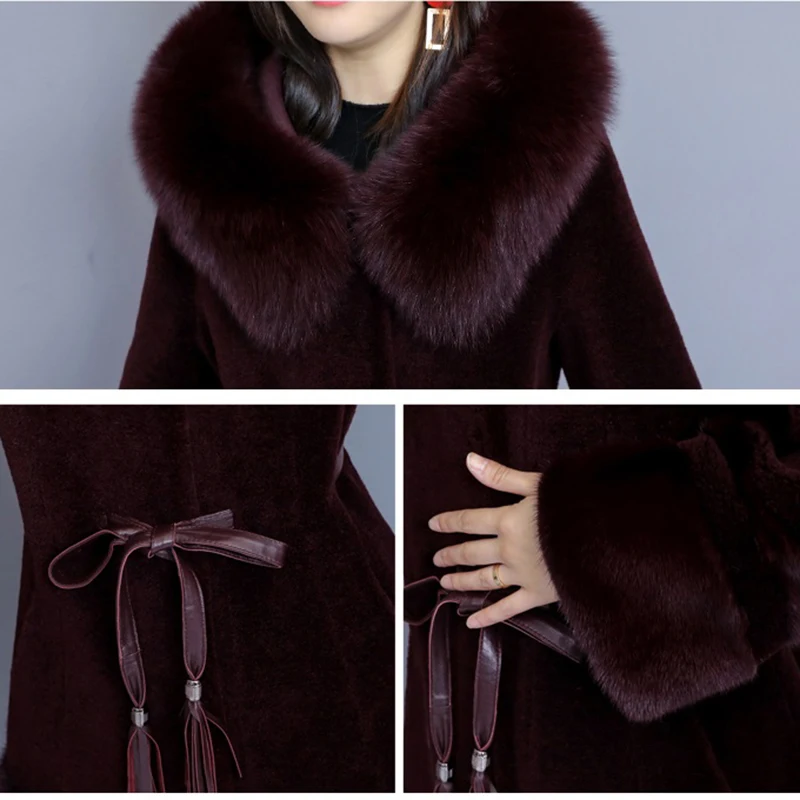 

Plus Size Fur Slim Fox Fur Sheep Sheared Luxury Coat Female Long 2021 Fashion New Wool Hooded Jacket Warm Women Parker Overcoat