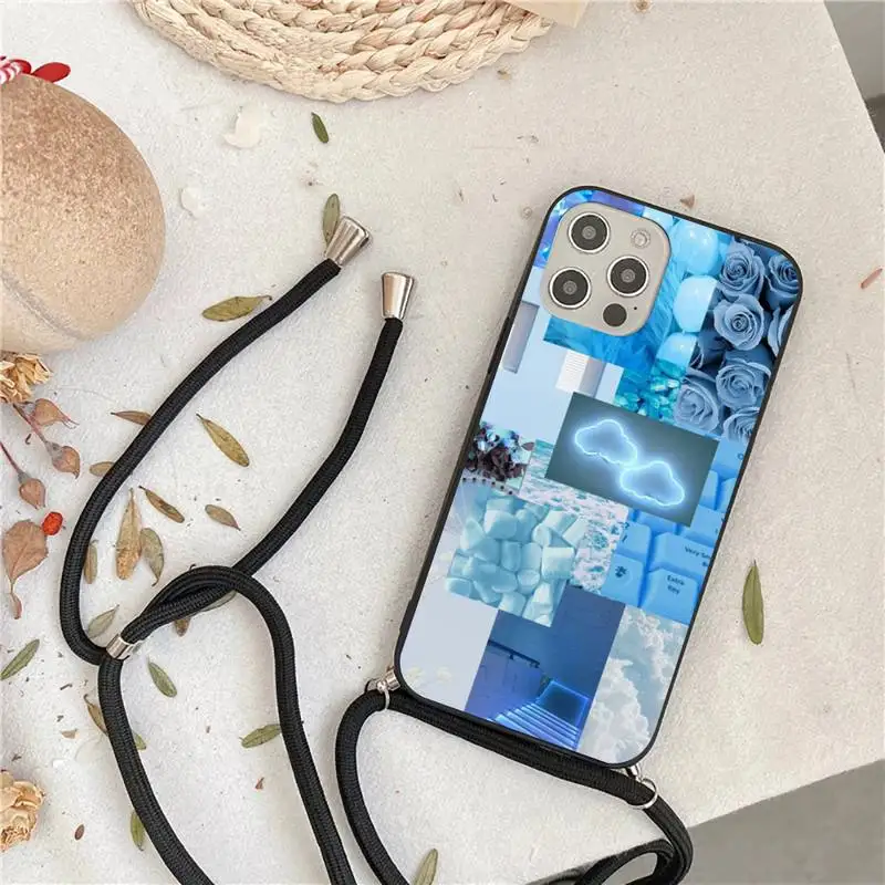 

ins blue pattern background Phone Case For iPhone 7 8 11 12 X XS XR MINI Pro Max Plus Strap Cord Chain Lanyard soft