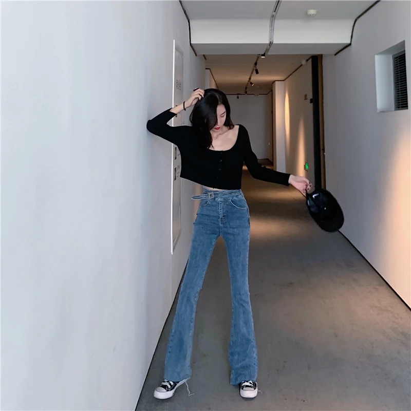 Женские узкие расклешенные джинсы с высокой талией стрейч деним женский