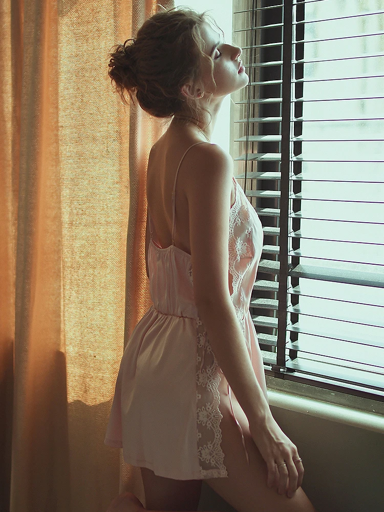 Пикантные Для женщин Летняя ночная рубашка Ночное платье Шелковый Атлас Кружево