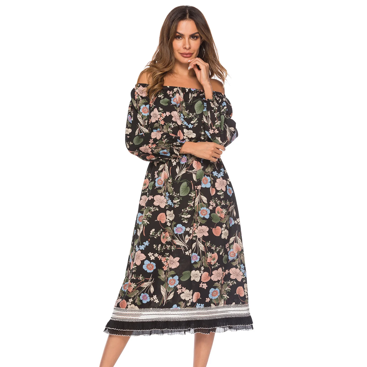 

Spring Women Off Shoulder Floral Print Long Dress Plus Size Bohemian Elastic High Waist A-line Party Beach Midi Dresses Vestidos