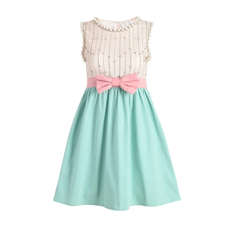 

Cute Dress For WOmen Diamonds Beaded Bows Sleeveless Tank Dress 2021 Summer Fit Flare Color Block Mini Party Dress