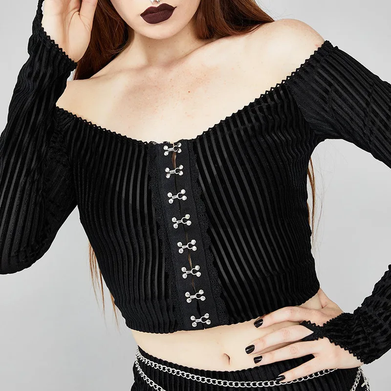 JIEZuoFang New Goth Off Shoulder Sexy Long Sleeve Crop Top Women Gothic Streetwear Black Straip Transparent Female Tops | Женская одежда