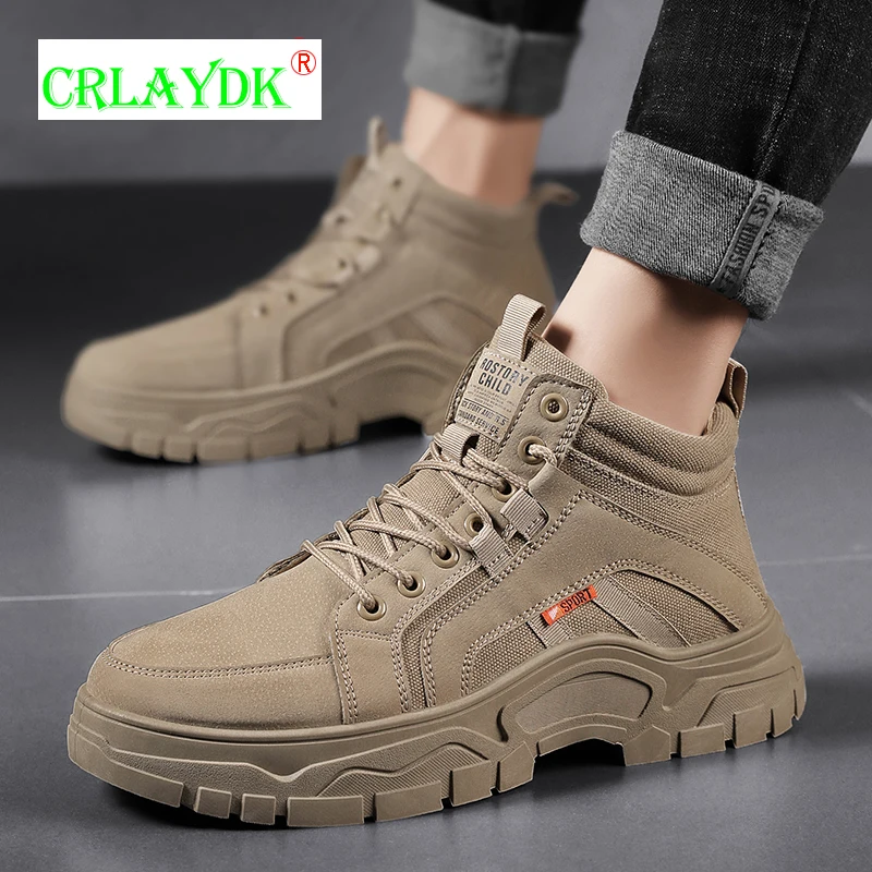 

CRLAYDK 2021 Winter New Ankle Men Boots Outdoor Hiking Thick Sole Shoes Suede Tooling Walking Sports Booties Casual Combat Male