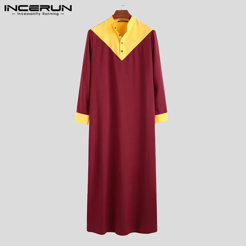 Wine Red INCERUN, модный мусульманский кафтан, мужские Лоскутные Топы с длинными рукавами, платье, повседневное Ретро тренд, Джокер, уличная одежда, мужская одежда - Цвет: Wine Red