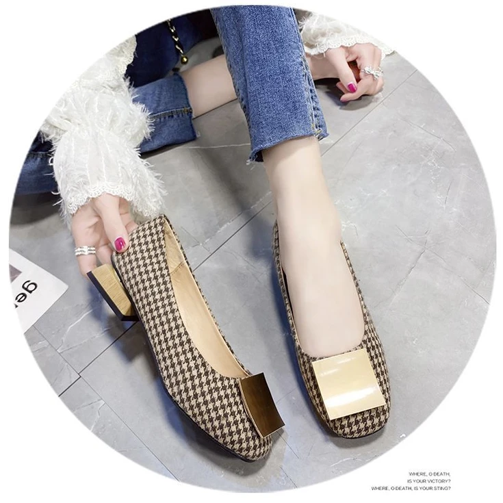 Women Leisure Shoes Houndstooth Thick Low Heel Metal Decoration Slip-On Tassel Beads Spring Round Toe Pump For Office Lady