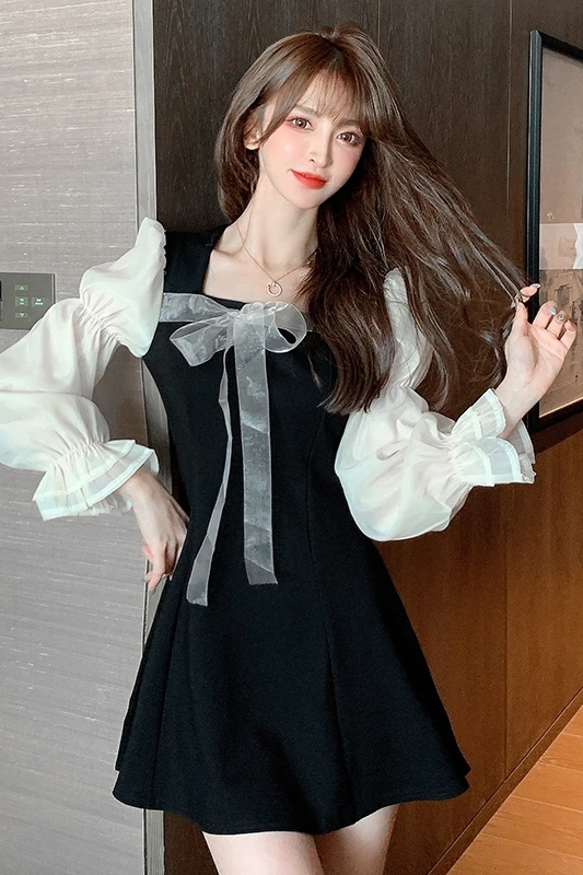 

COIGARSAM French Style Patchwork Women dress New Spring Bow Lantern Sleeve Dresses Black 1390