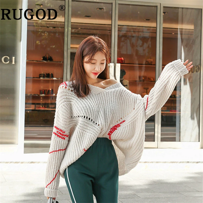 RUGOD Sweater women Korean chic lantern sleeve knitted pullovers 2019 Winter warm V neck Crocheted oversized clothes | Женская одежда