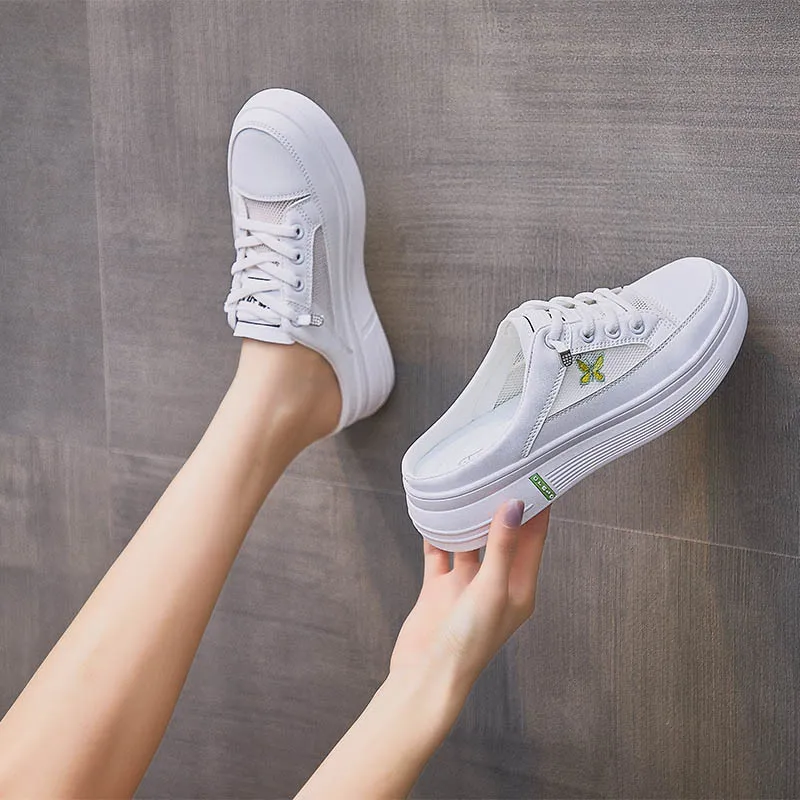 

Women's Shoes 2021 Summer Lace Up Platform Sneakers Ladies Breathable Casual Half Slippers Women Butterfly Comfort White Shoes