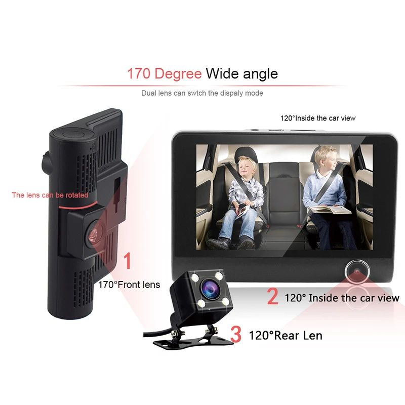 Автомобильный видеорегистратор регистратор с 3 объективами 4 0 дюйма функцией